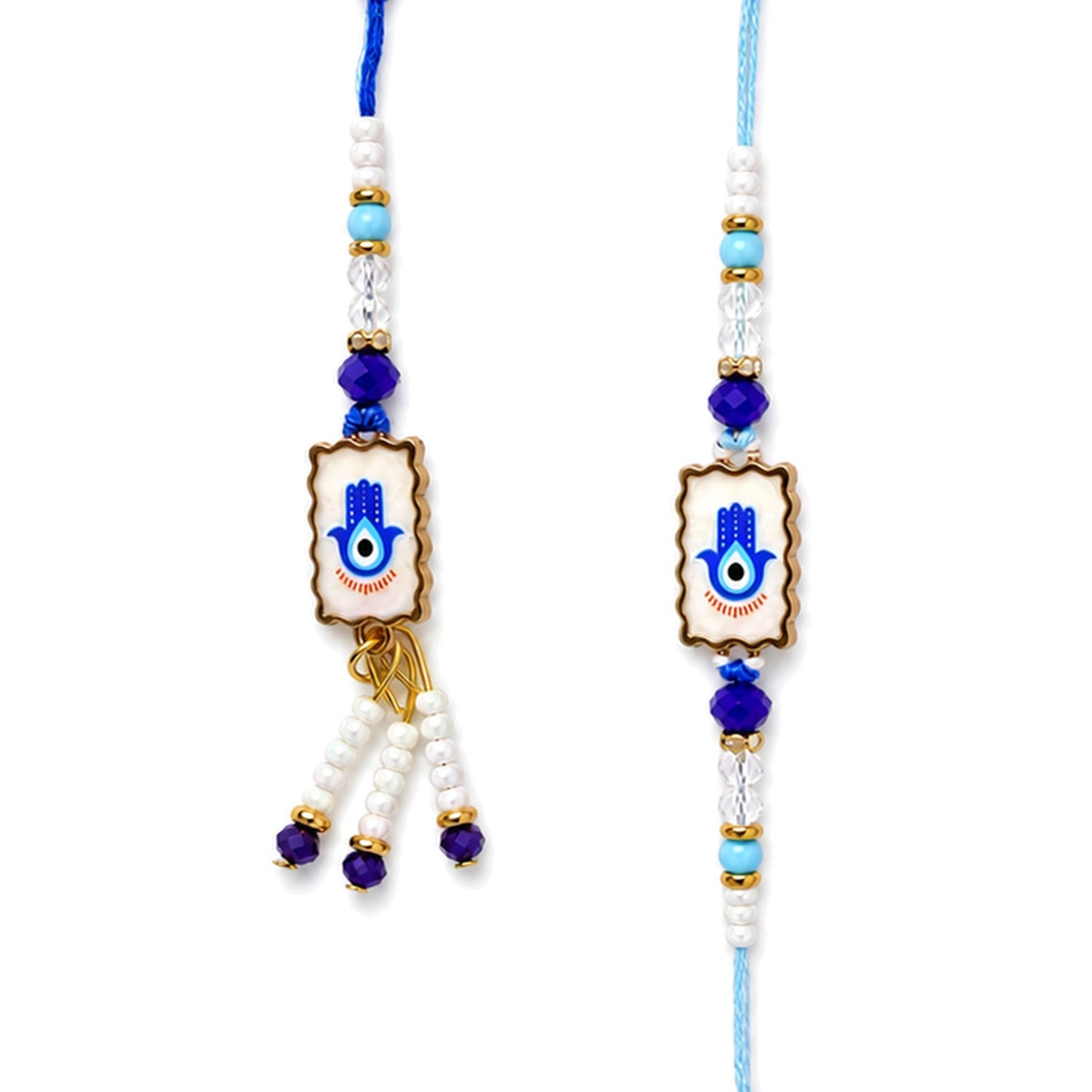 Premium Evil Eye Bhai Bhabhi Lumba Rakhi Pair with Hanging Beads and Stone Center Detail
