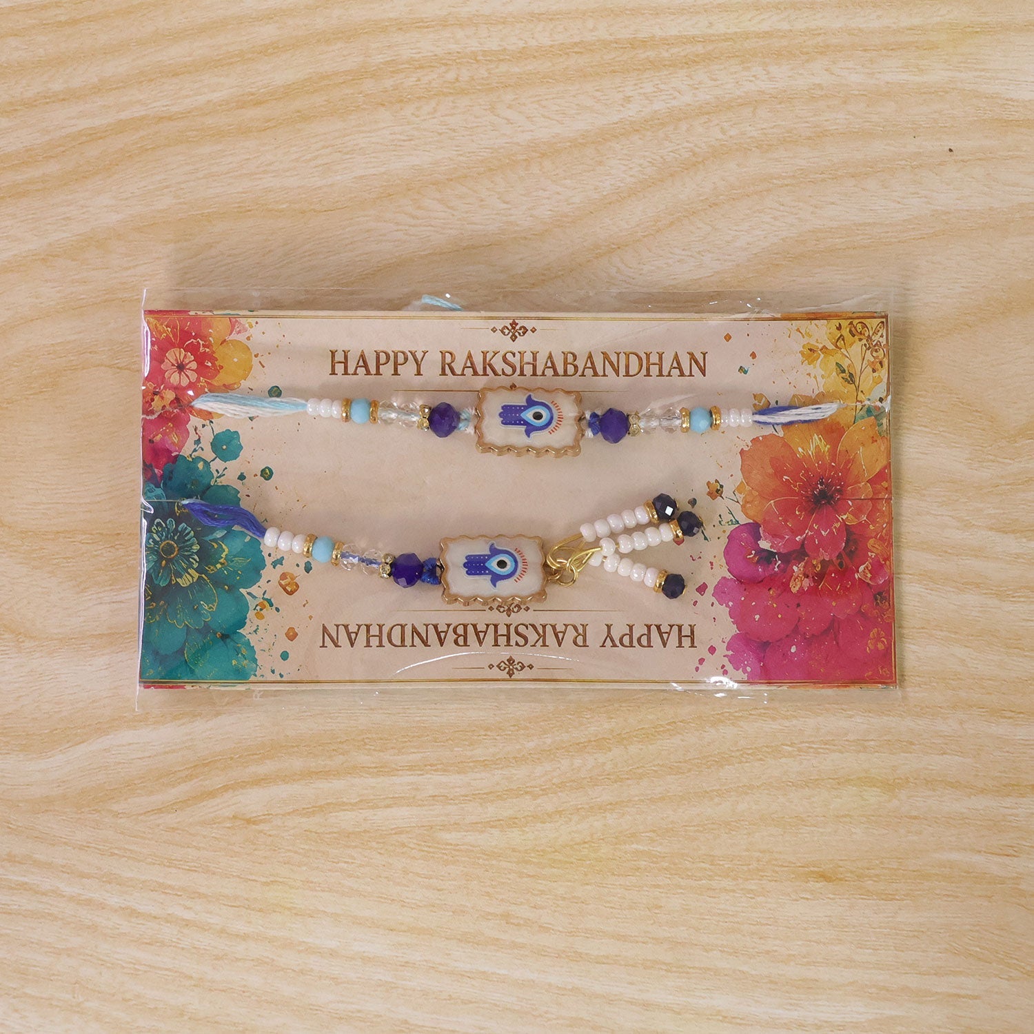 Premium Evil Eye Bhai Bhabhi Lumba Rakhi Pair with Hanging Beads and Stone Center Detail