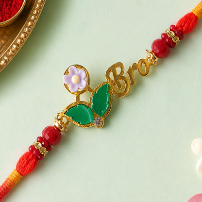 BRO Letter Pearl Beaded Rakhi with Floral Accent Center Design