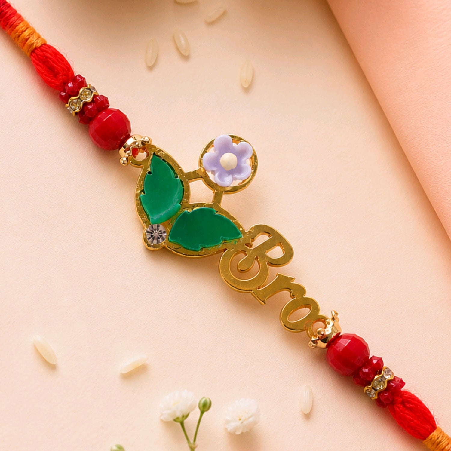 BRO Letter Pearl Beaded Rakhi with Floral Accent Center Design