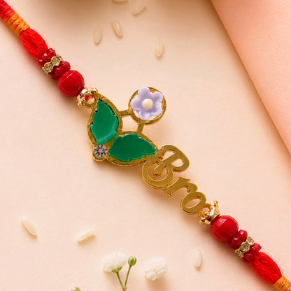 BRO Letter Pearl Beaded Rakhi with Floral Accent Center Design