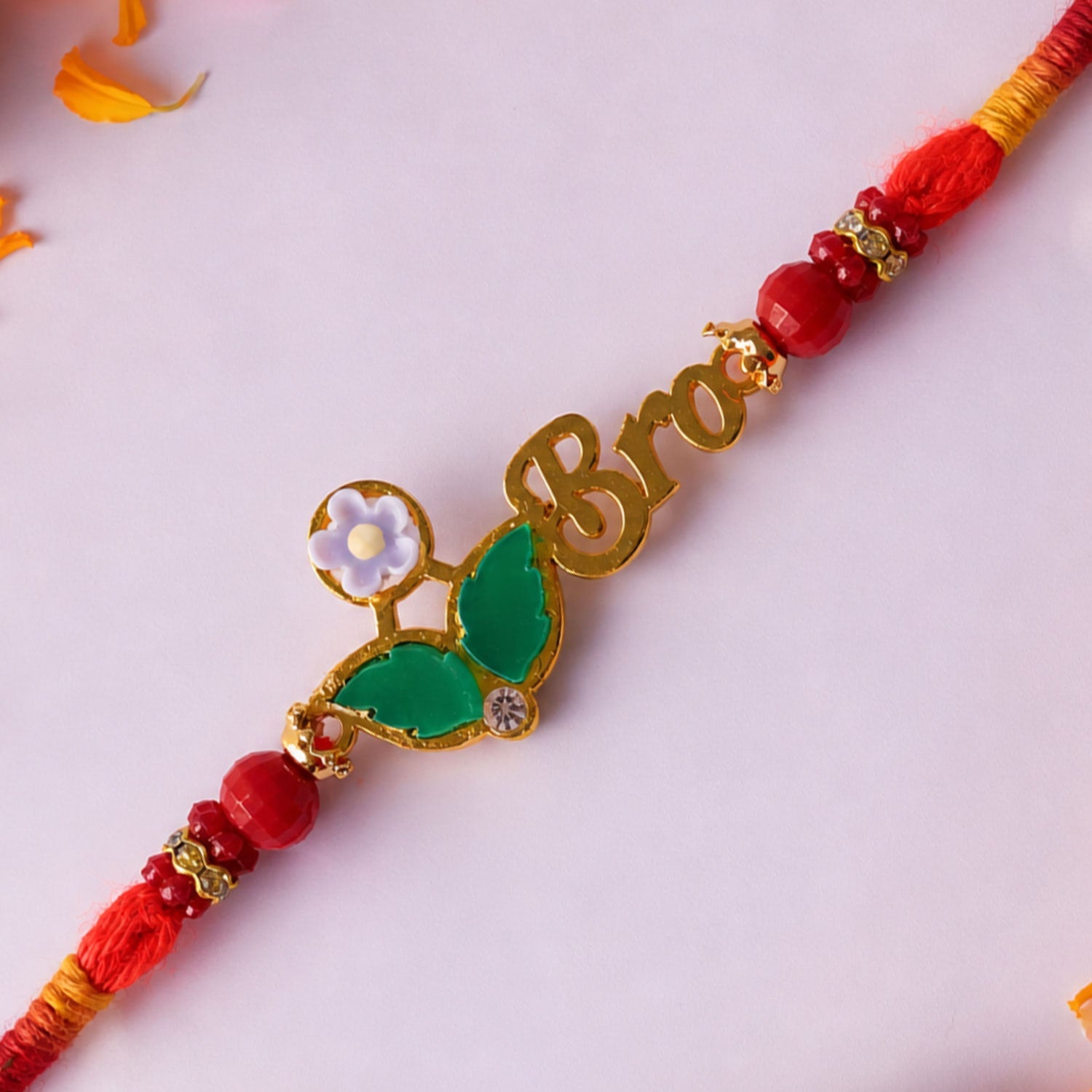BRO Letter Pearl Beaded Rakhi with Floral Accent Center Design