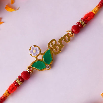 BRO Letter Pearl Beaded Rakhi with Floral Accent Center Design