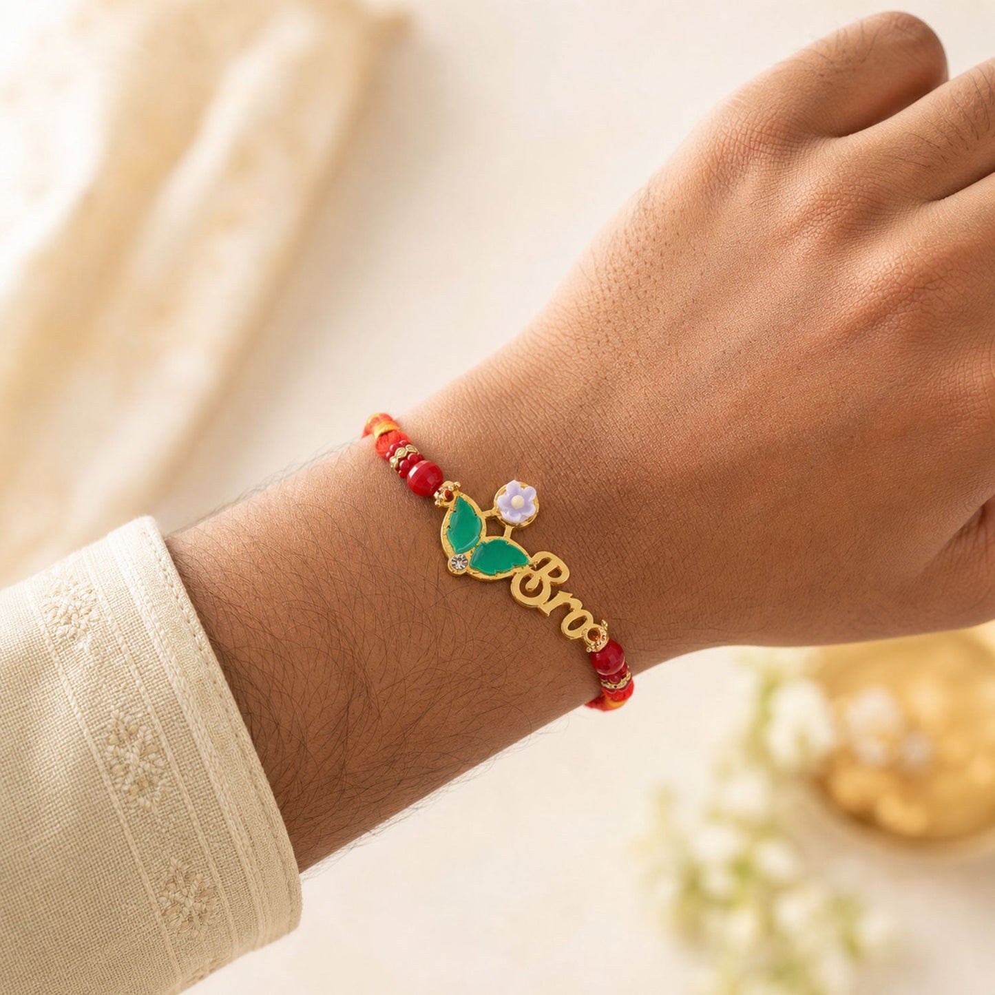 BRO Letter Pearl Beaded Rakhi with Floral Accent Center Design