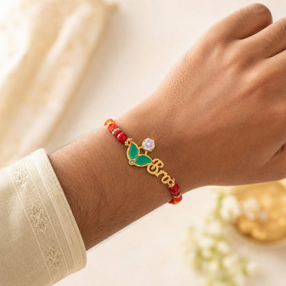 BRO Letter Pearl Beaded Rakhi with Floral Accent Center Design