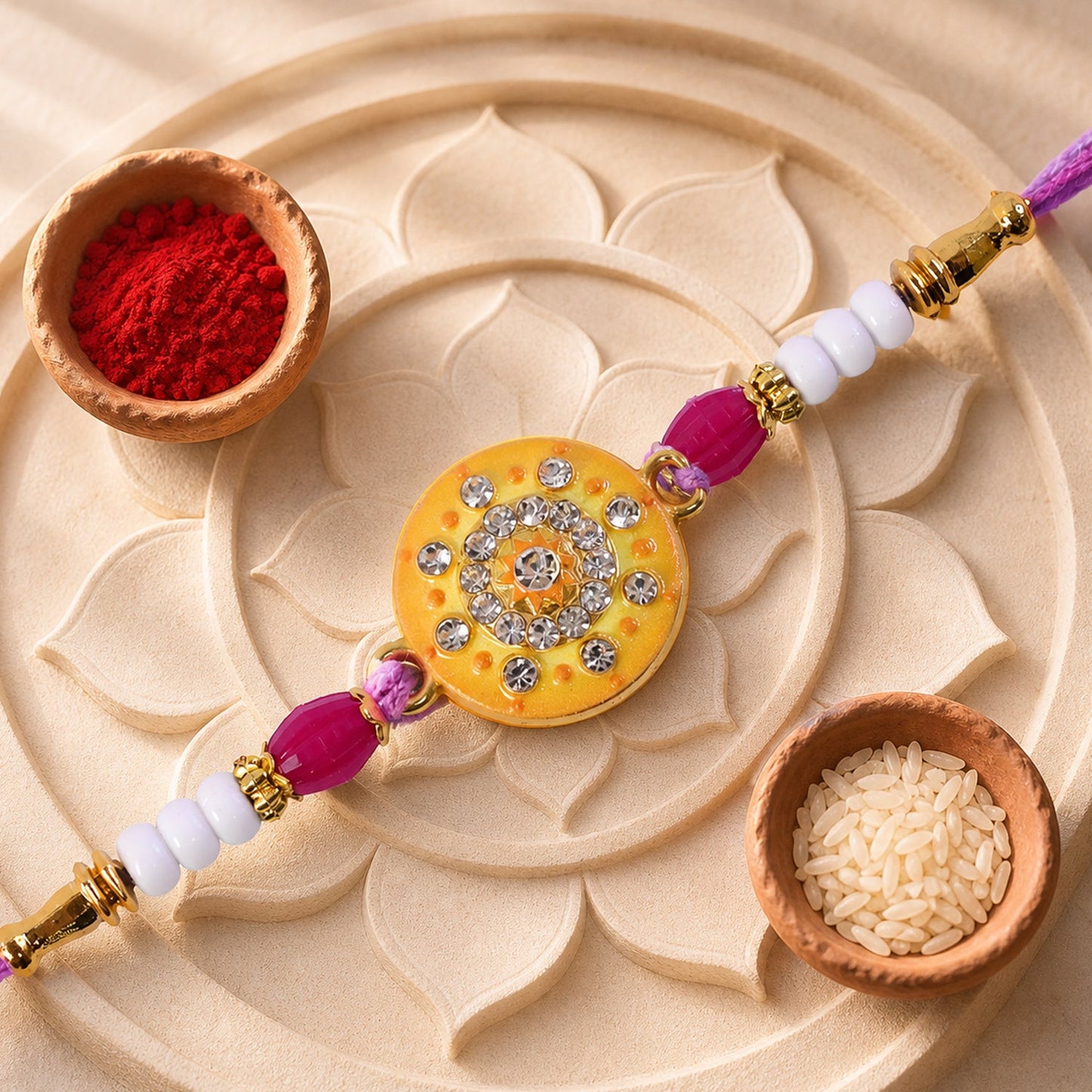 Round Mandala Stone Rakhi with Pearl Beads and Sacred Center Detail