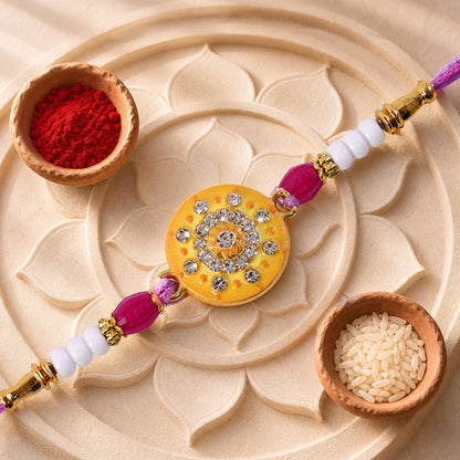Round Mandala Stone Rakhi with Pearl Beads and Sacred Center Detail