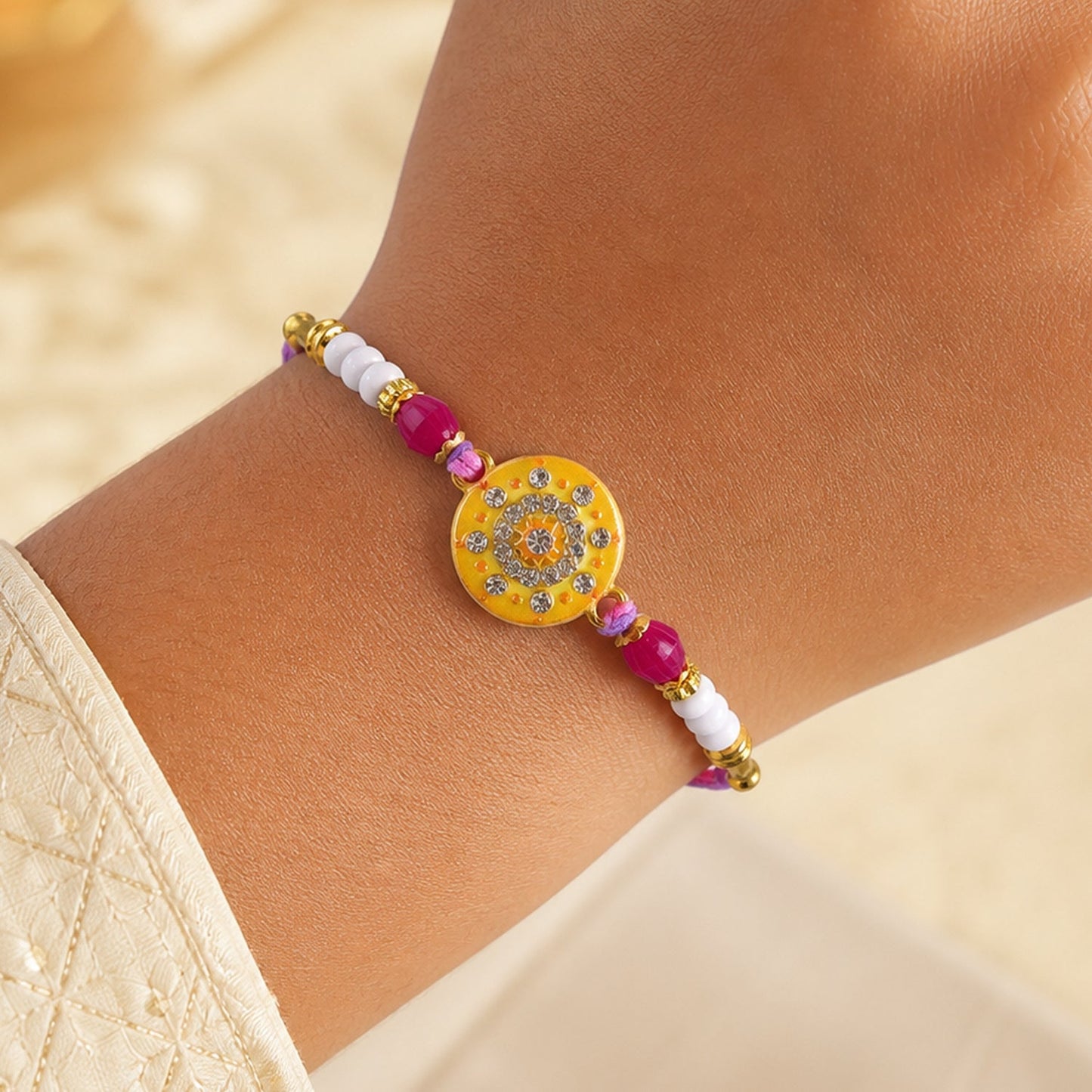 Round Mandala Stone Rakhi with Pearl Beads and Sacred Center Detail