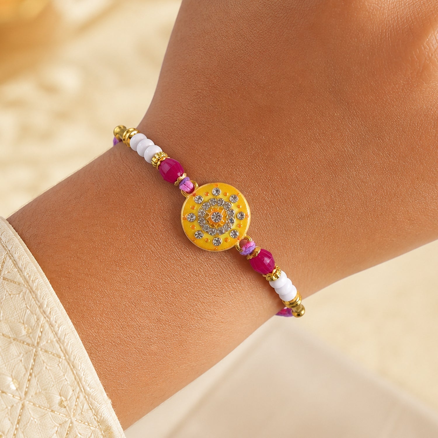 Round Mandala Stone Rakhi with Pearl Beads and Sacred Center Detail