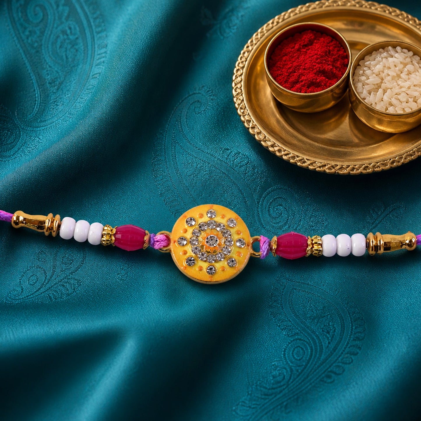 Round Mandala Stone Rakhi with Pearl Beads and Sacred Center Detail