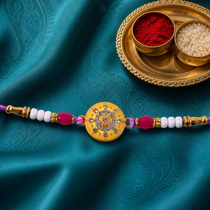 Round Mandala Stone Rakhi with Pearl Beads and Sacred Center Detail