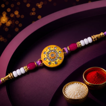 Round Mandala Stone Rakhi with Pearl Beads and Sacred Center Detail