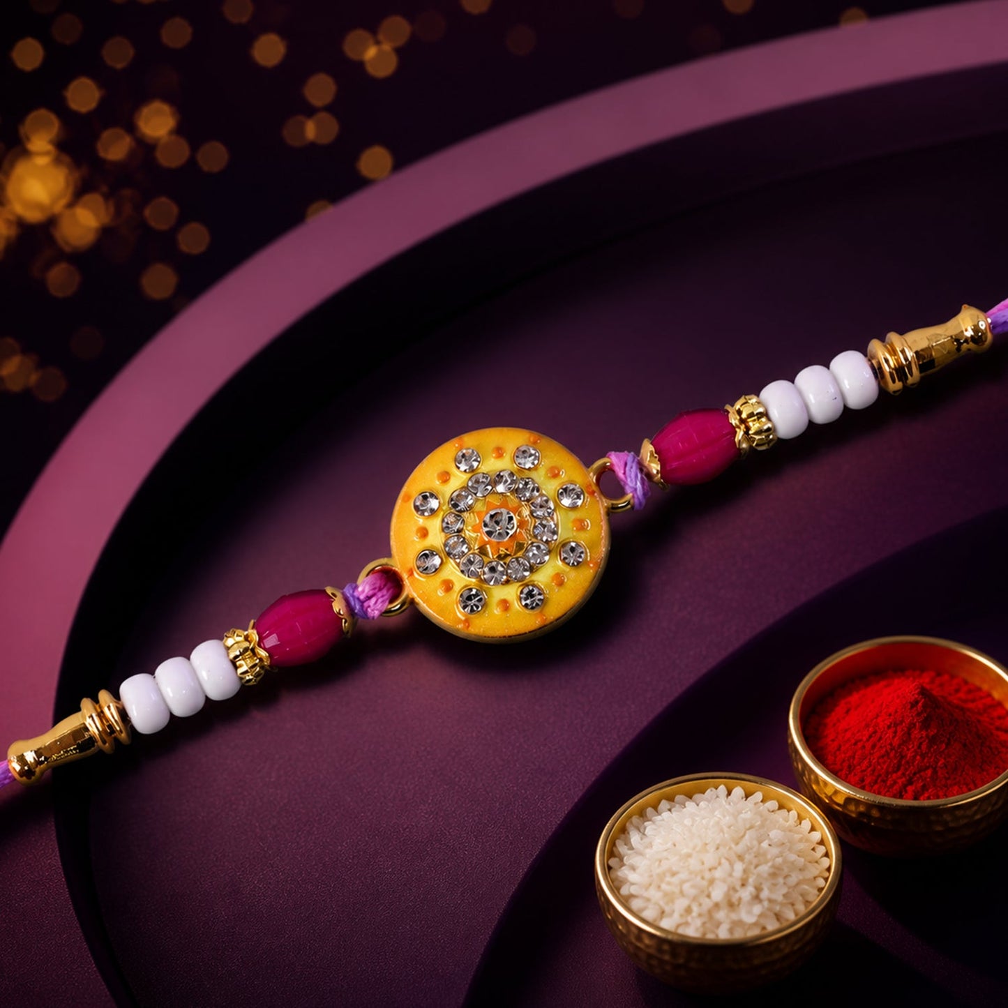 Round Mandala Stone Rakhi with Pearl Beads and Sacred Center Detail