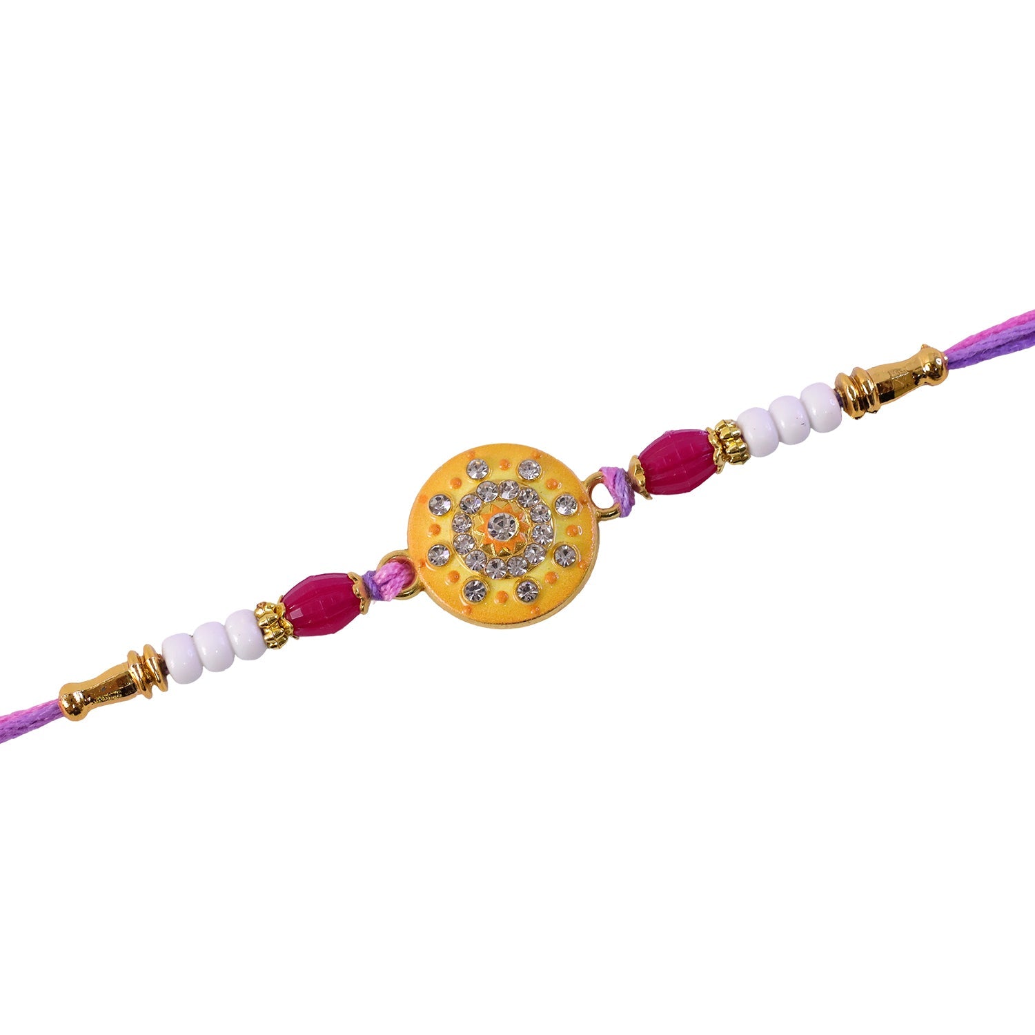 Round Mandala Stone Rakhi with Pearl Beads and Sacred Center Detail