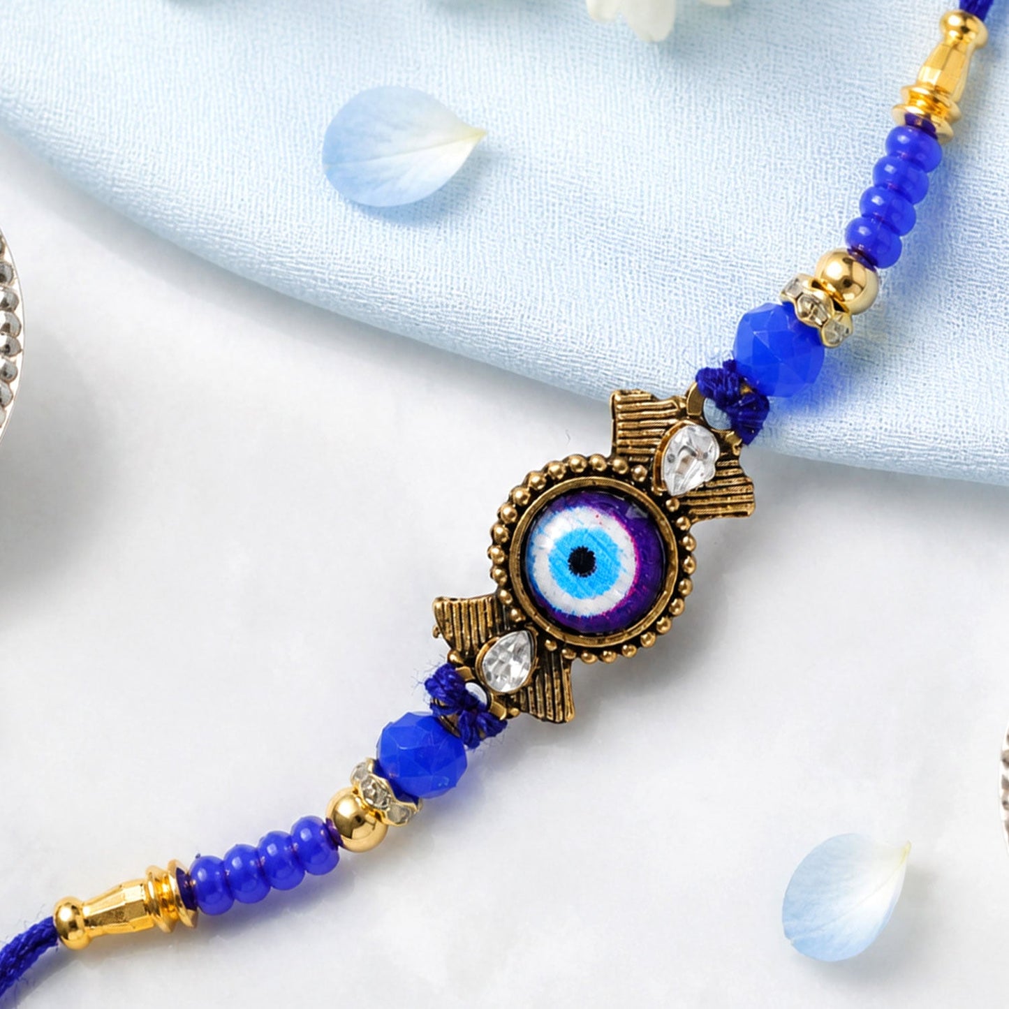 Evil Eye Kundan Rakhi with Beaded String and Protective Center Charm