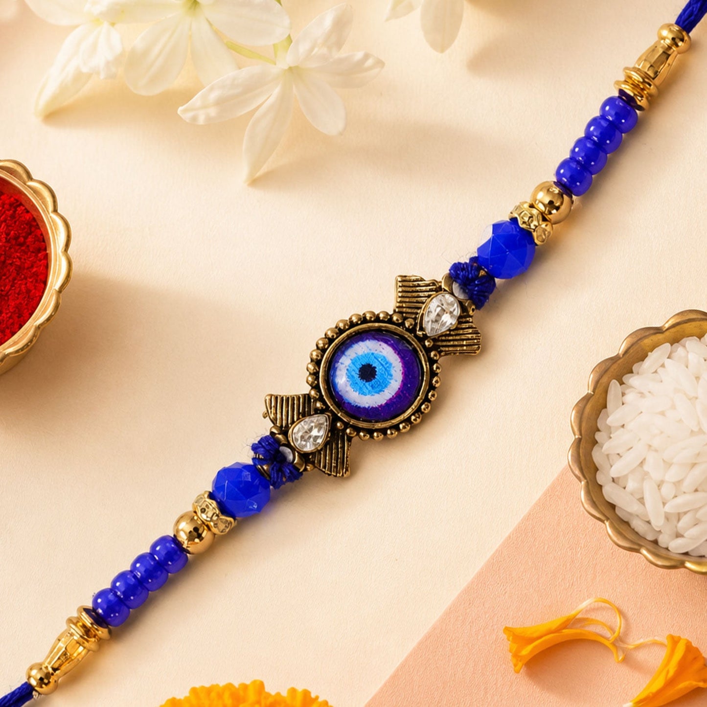 Evil Eye Kundan Rakhi with Beaded String and Protective Center Charm