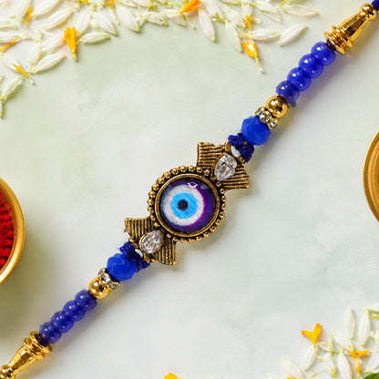 Evil Eye Kundan Rakhi with Beaded String and Protective Center Charm