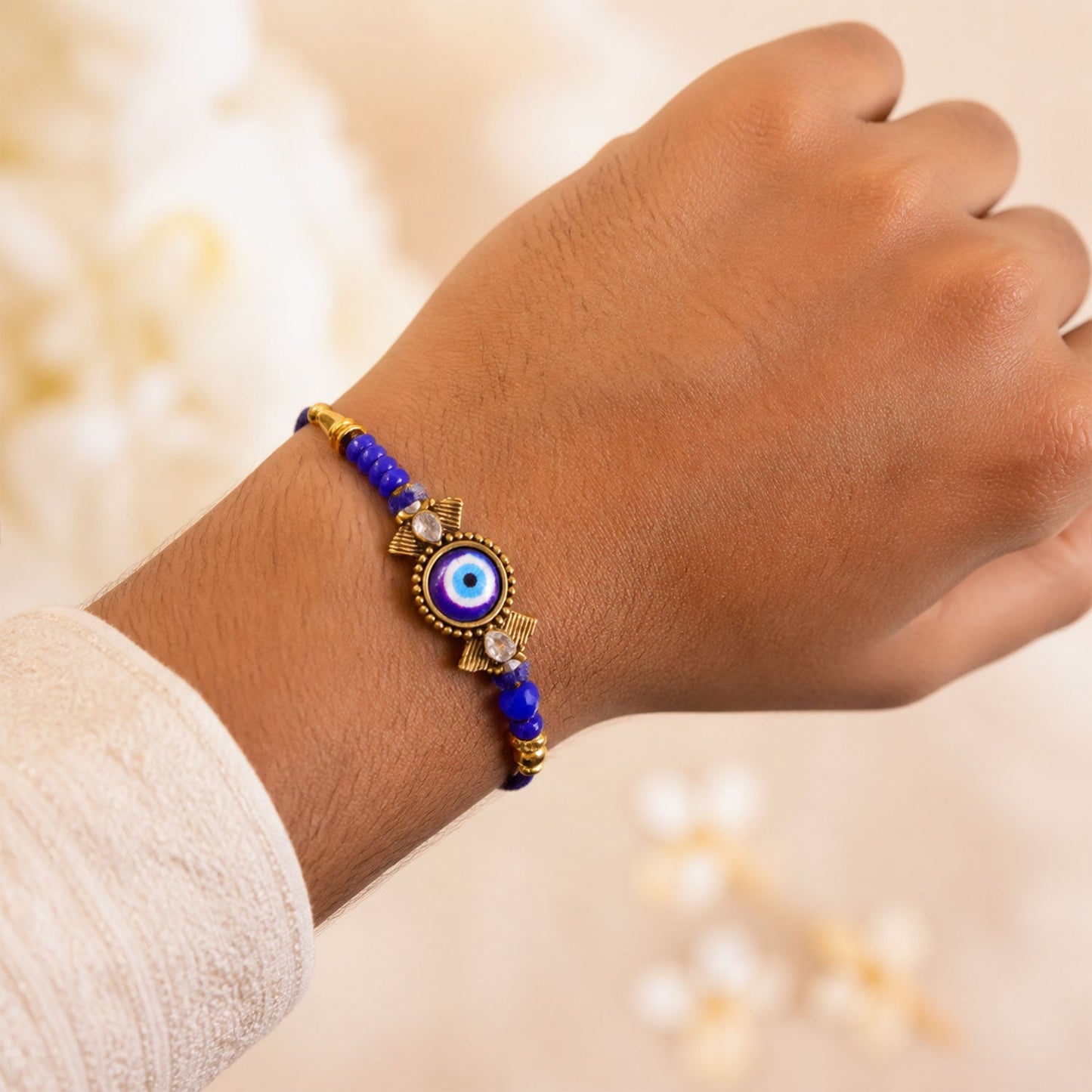 Evil Eye Kundan Rakhi with Beaded String and Protective Center Charm