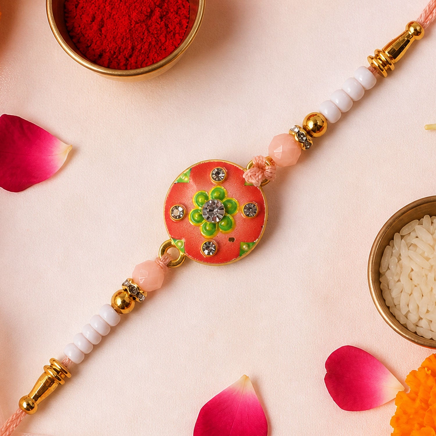 Floral Stone Beaded Rakhi with Pearl Accent and Round Center Design
