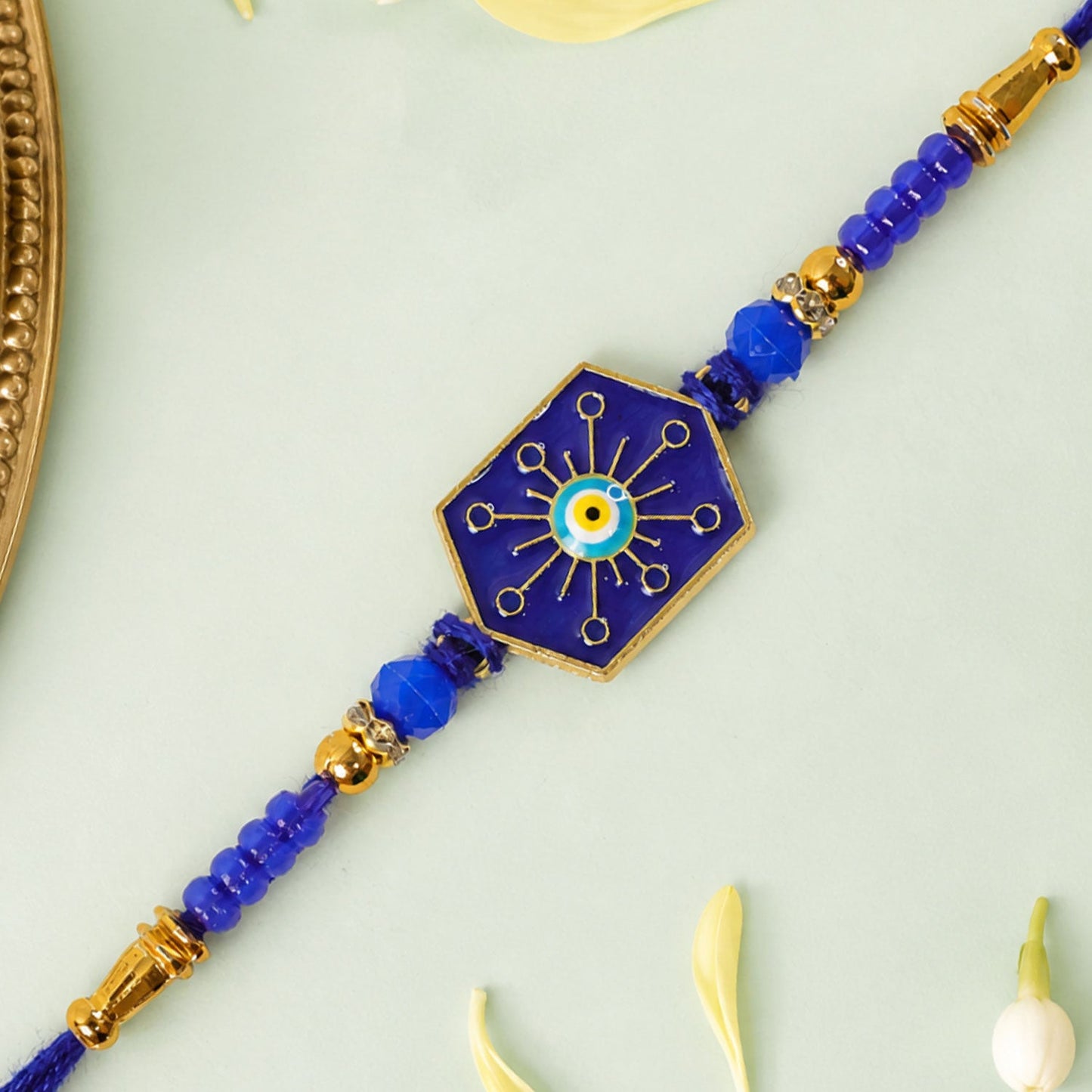 Stylish Hexagon Nazar Evil Eye Enamel Crystal Beads Designer Rakhi