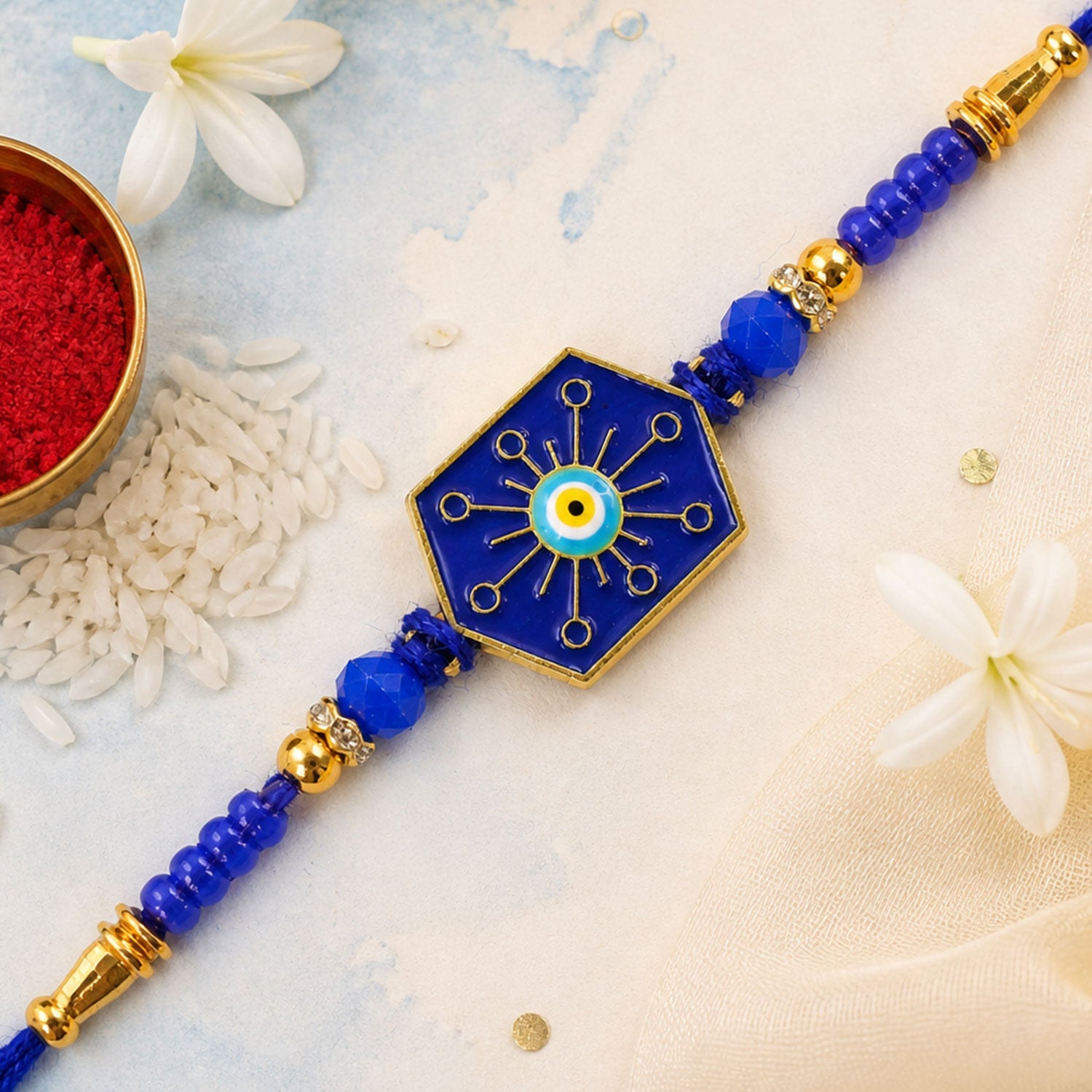 Stylish Hexagon Nazar Evil Eye Enamel Crystal Beads Designer Rakhi