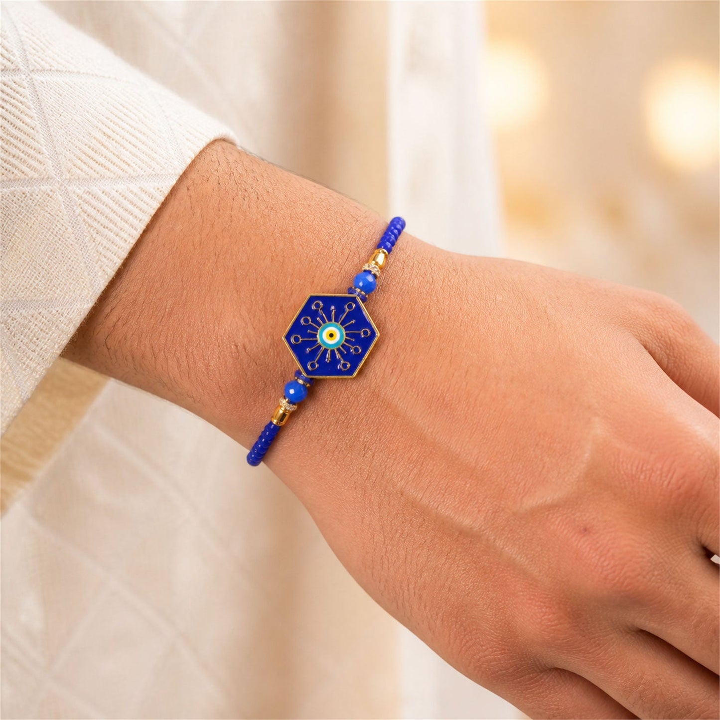 Stylish Hexagon Nazar Evil Eye Enamel Crystal Beads Designer Rakhi