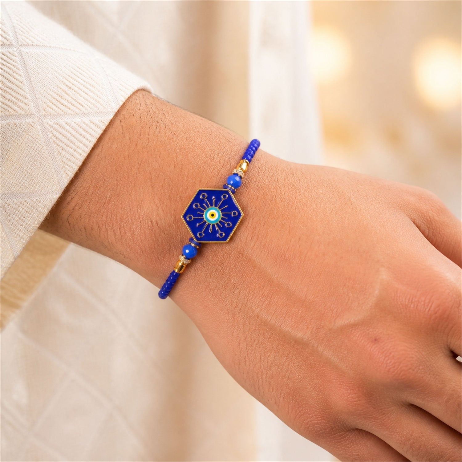 Stylish Hexagon Nazar Evil Eye Enamel Crystal Beads Designer Rakhi
