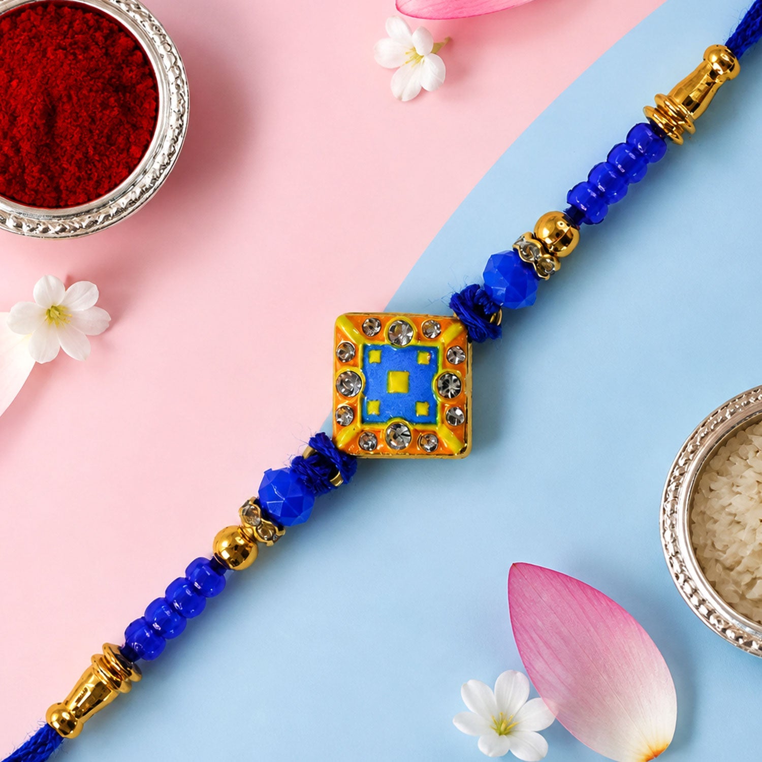 Square Kundan Stone Rakhi with Beaded String and Center Charm Detail