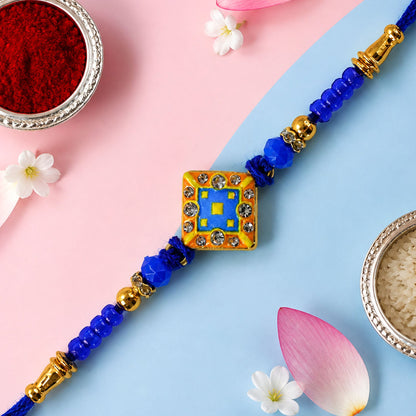 Square Kundan Stone Rakhi with Beaded String and Center Charm Detail