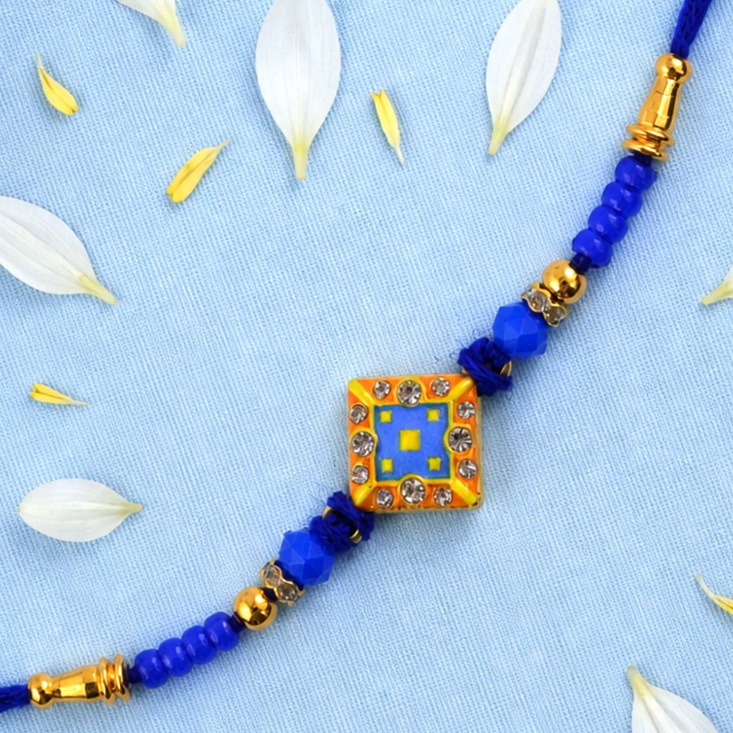Square Kundan Stone Rakhi with Beaded String and Center Charm Detail