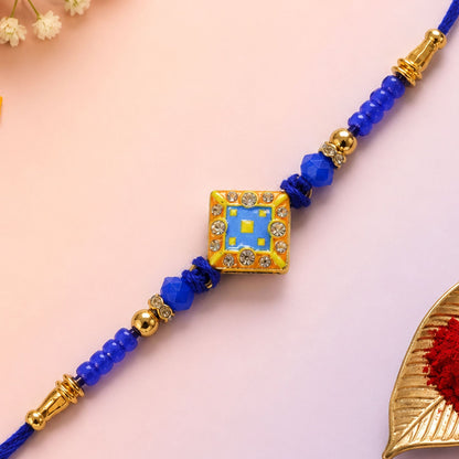 Square Kundan Stone Rakhi with Beaded String and Center Charm Detail