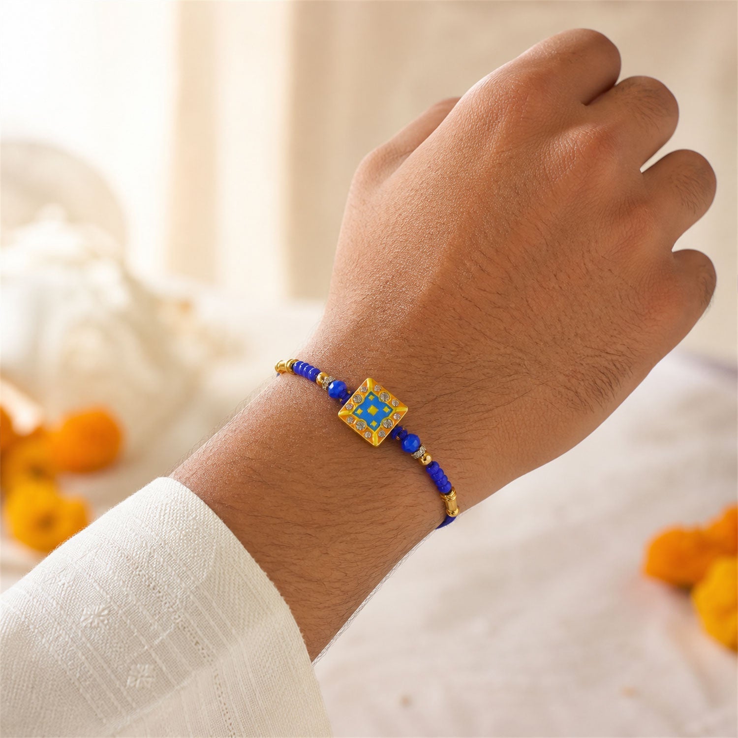 Square Kundan Stone Rakhi with Beaded String and Center Charm Detail