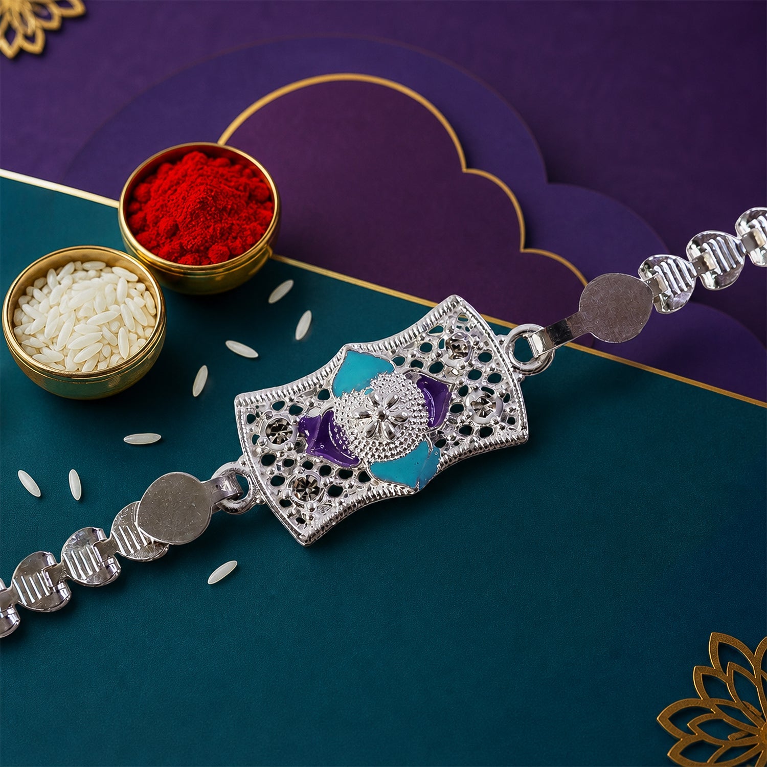 Premium Stone Chain Rakhi with Ornamental Center and Beaded Detail