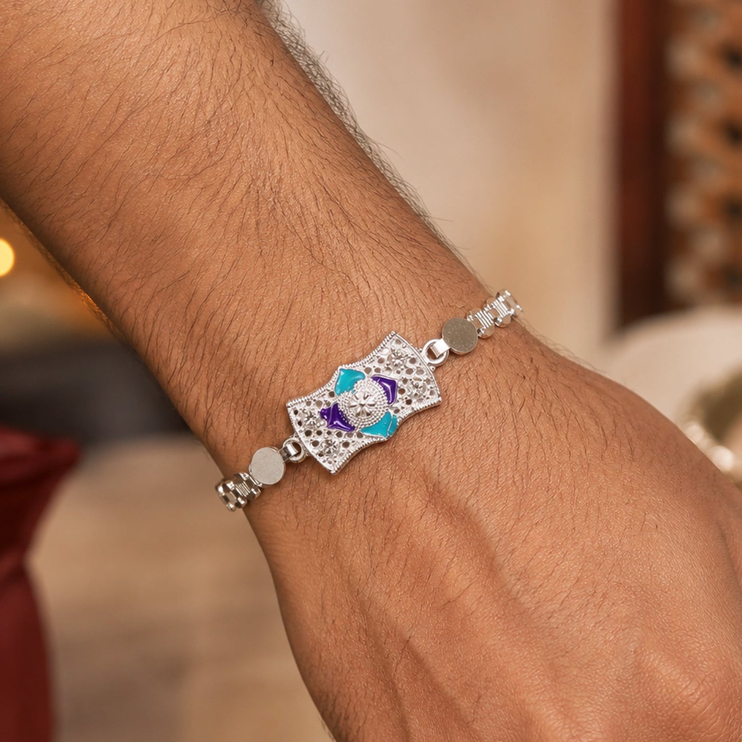 Premium Stone Chain Rakhi with Ornamental Center and Beaded Detail