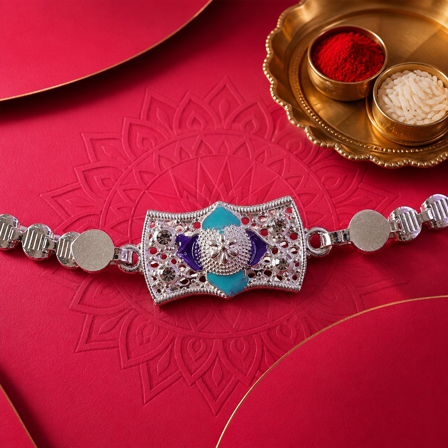 Premium Stone Chain Rakhi with Ornamental Center and Beaded Detail