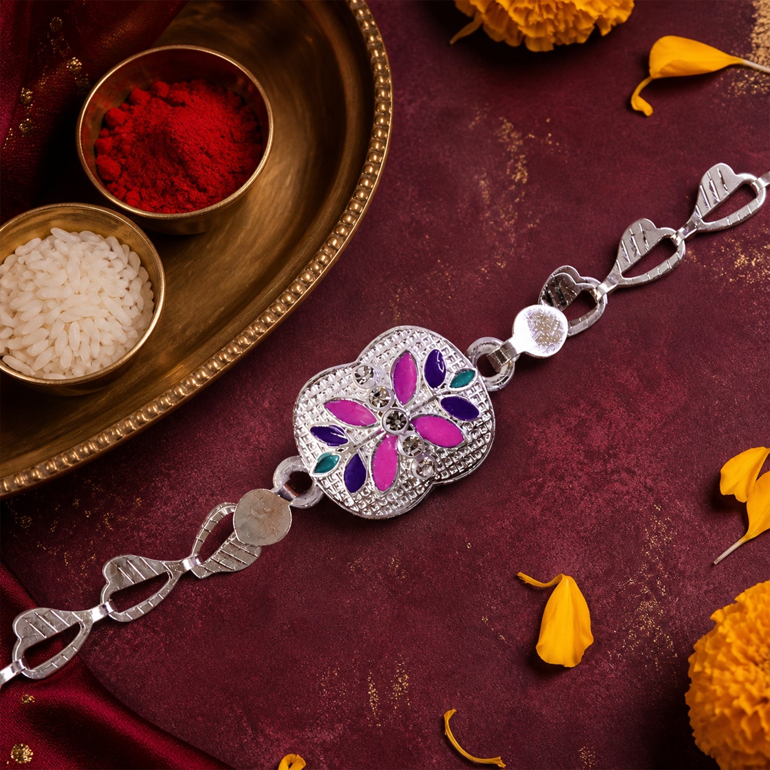 Premium Floral Stone Chain Rakhi with Elegant Center Charm Detail