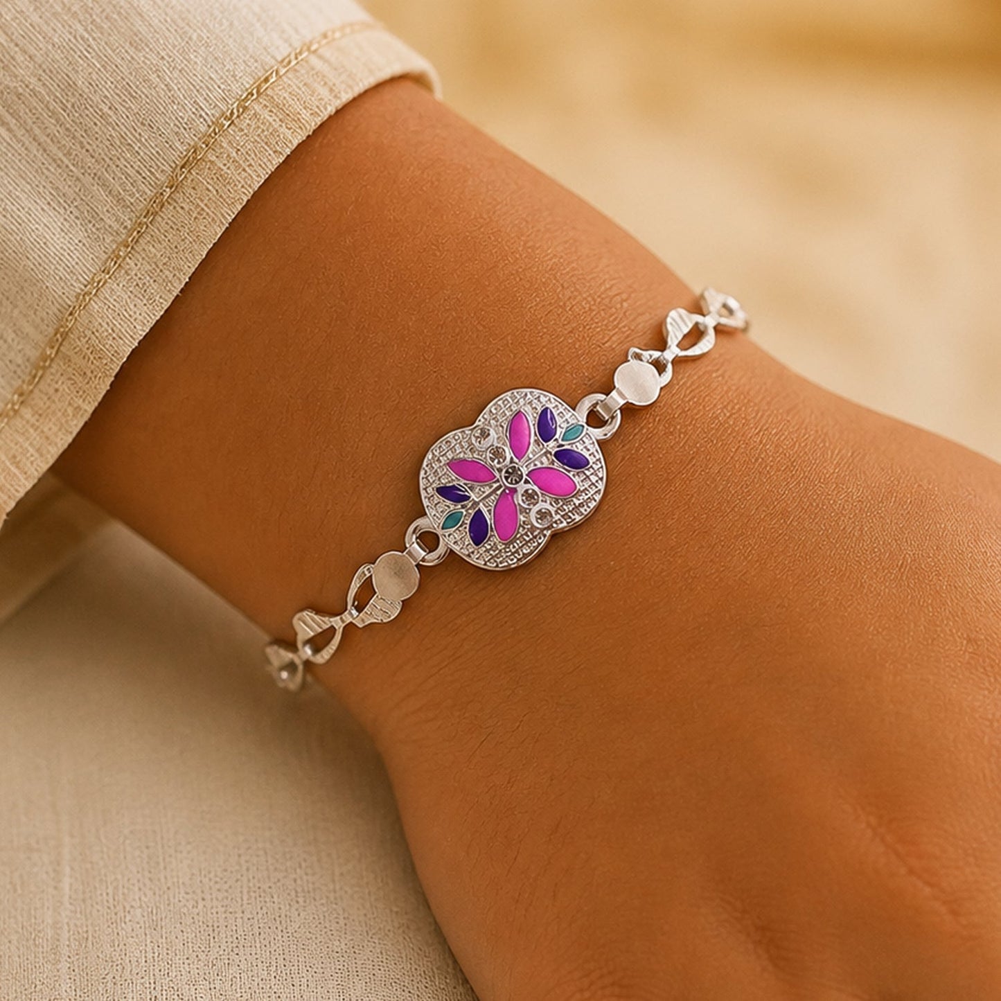 Premium Floral Stone Chain Rakhi with Elegant Center Charm Detail