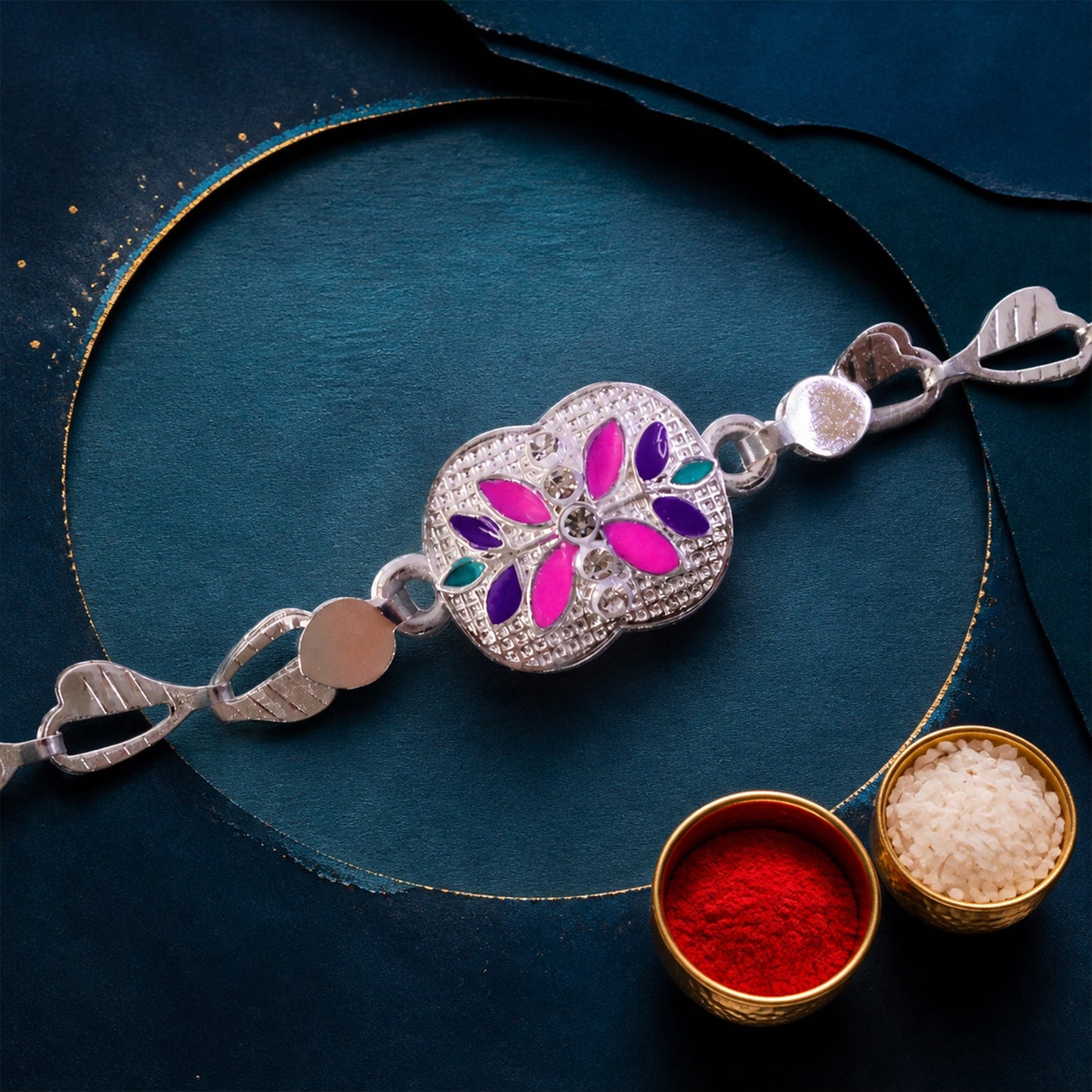 Premium Floral Stone Chain Rakhi with Elegant Center Charm Detail