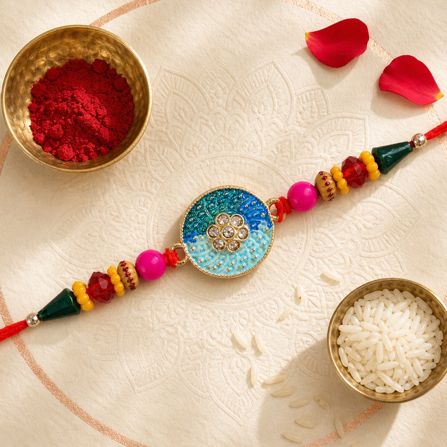 Round Blue Meenakari Kundan Floral Multicolor Beads Designer Rakhi