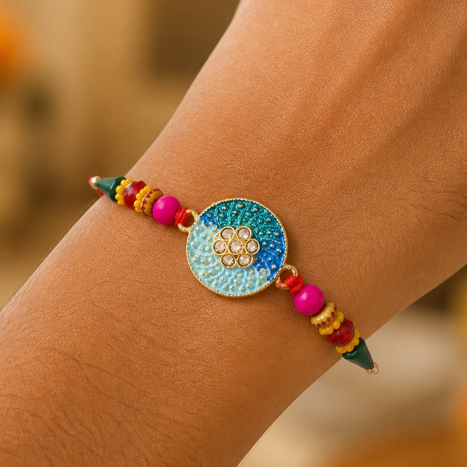 Round Blue Meenakari Kundan Floral Multicolor Beads Designer Rakhi