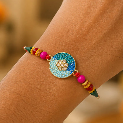 Round Blue Meenakari Kundan Floral Multicolor Beads Designer Rakhi