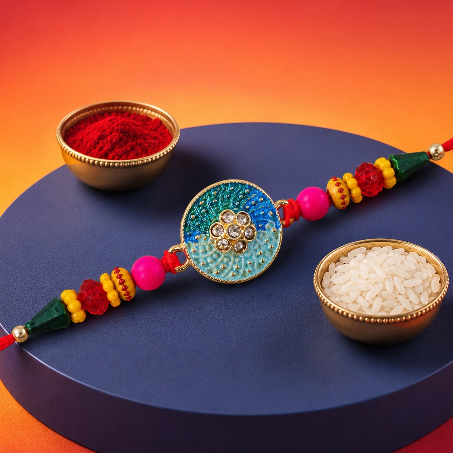 Round Blue Meenakari Kundan Floral Multicolor Beads Designer Rakhi
