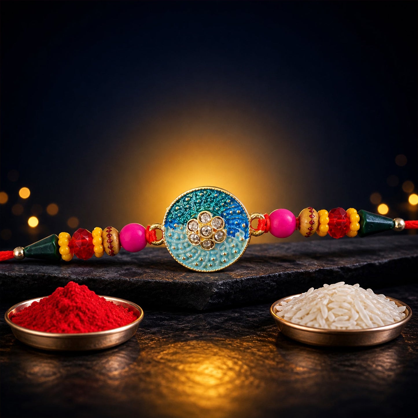 Round Blue Meenakari Kundan Floral Multicolor Beads Designer Rakhi