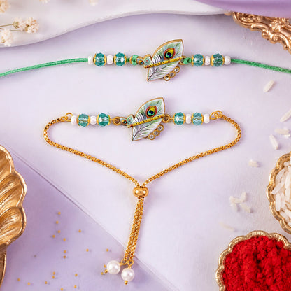 Premium Krishna Bansuri Peacock Feather Pearl Crystal Bhai Bhabhi Rakhi Lumba Set