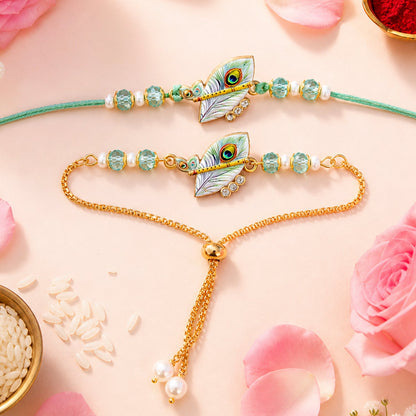 Premium Krishna Bansuri Peacock Feather Pearl Crystal Bhai Bhabhi Rakhi Lumba Set