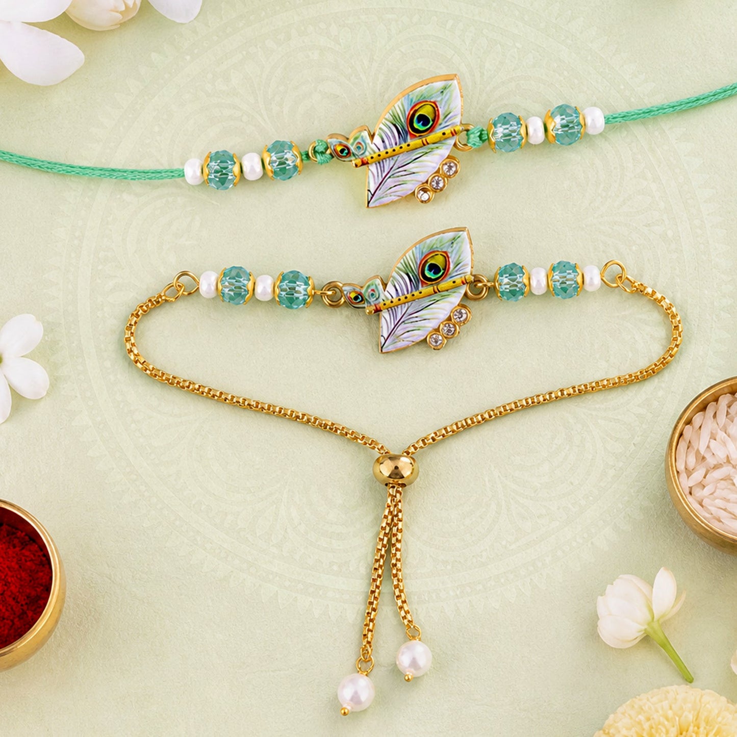 Premium Krishna Bansuri Peacock Feather Pearl Crystal Bhai Bhabhi Rakhi Lumba Set