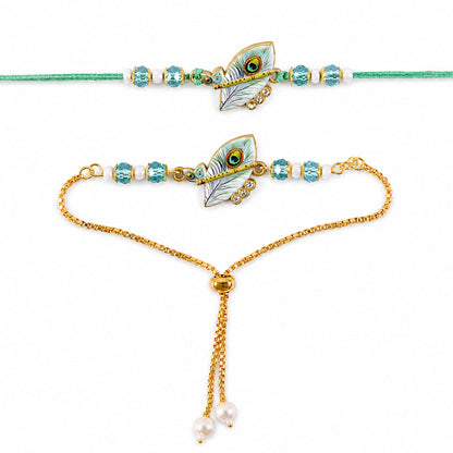 Premium Krishna Bansuri Peacock Feather Pearl Crystal Bhai Bhabhi Rakhi Lumba Set