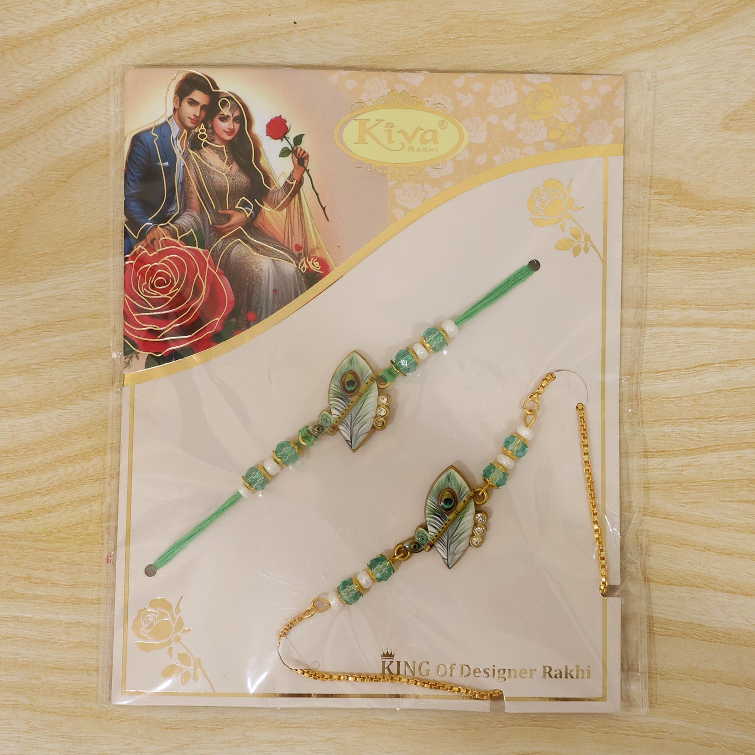 Premium Krishna Bansuri Peacock Feather Pearl Crystal Bhai Bhabhi Rakhi Lumba Set