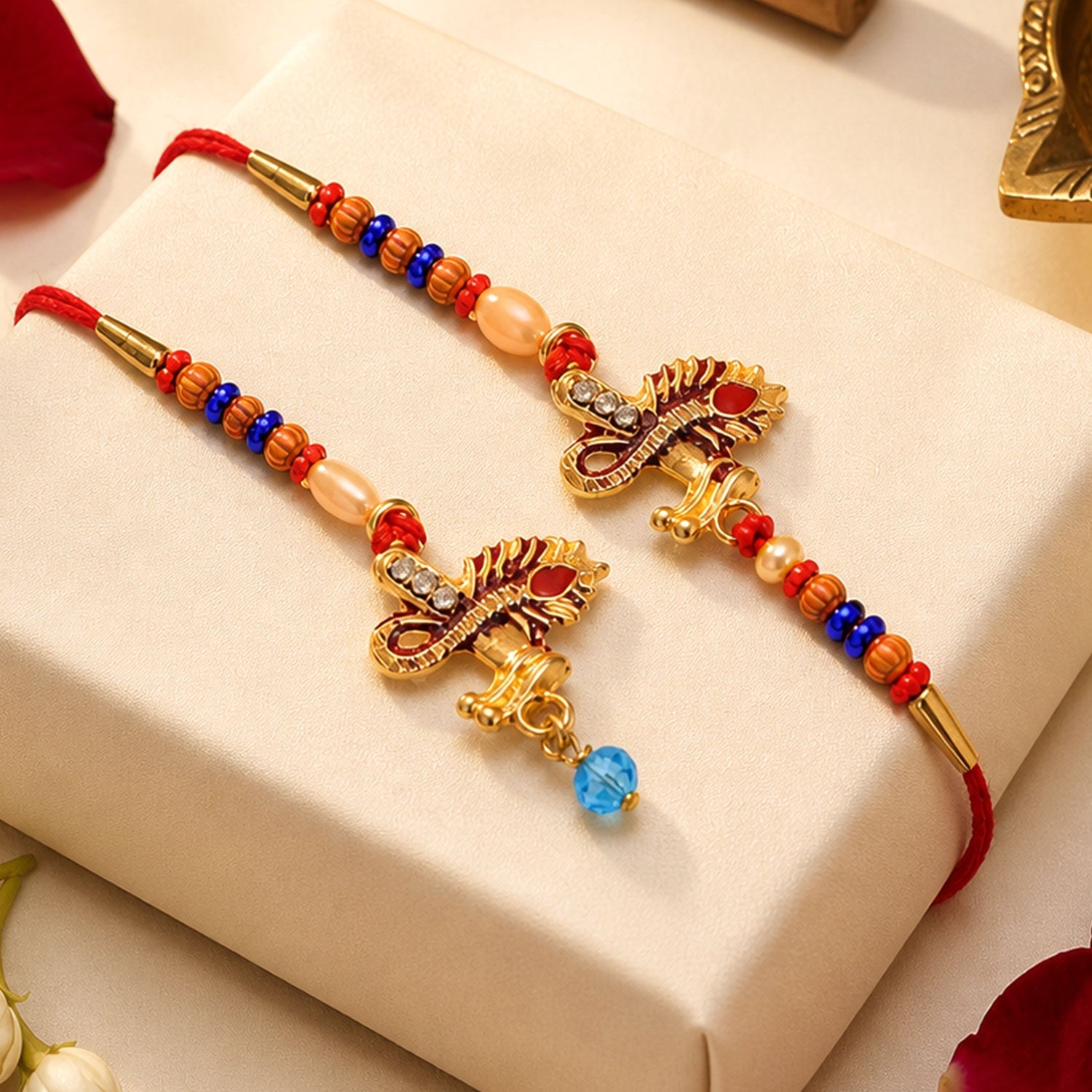 Premium Golden Peacock Feather Pearl Crystal Beads Bhai bhabhi Rakhi Set