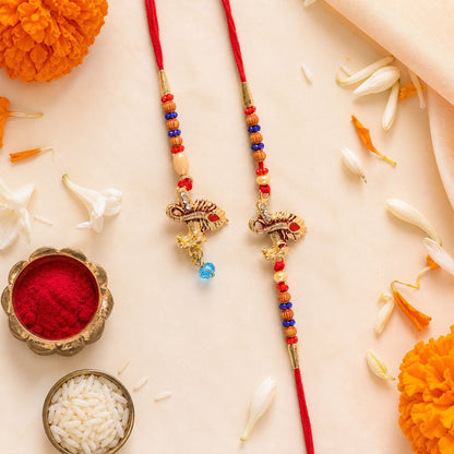Premium Golden Peacock Feather Pearl Crystal Beads Bhai bhabhi Rakhi Set
